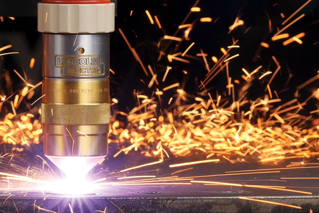 A plasma cutter cutting a component for large tooling or parts for the heavy equipment industry
