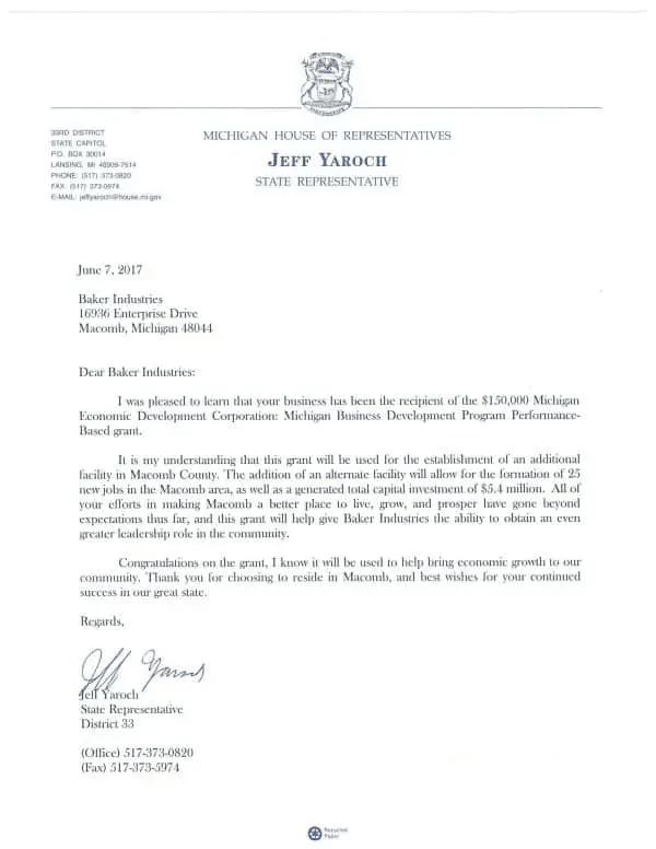 Letter from Jeff Yaroch, State Representative, congratulating Baker Industries on being awarded a performance-based grant