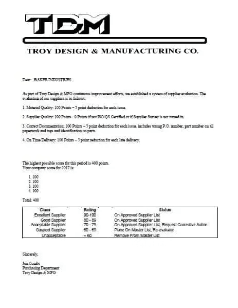 A letter from Troy Design & Manufacturing congratulating Baker Industries on becoming a top-rated supplier