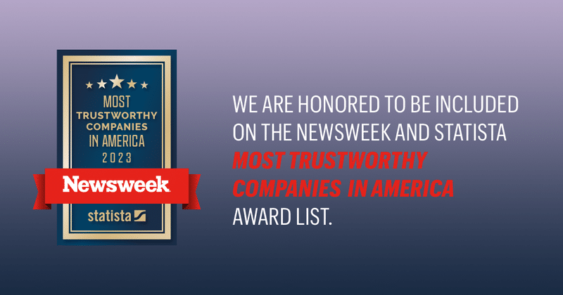 A graphic with the logo for Newsweek and Statista's Most Trustworthy Companies in America award list