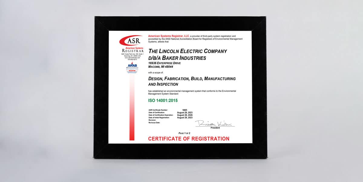 A framed certificate for Baker Industries' ISO 14001 certification