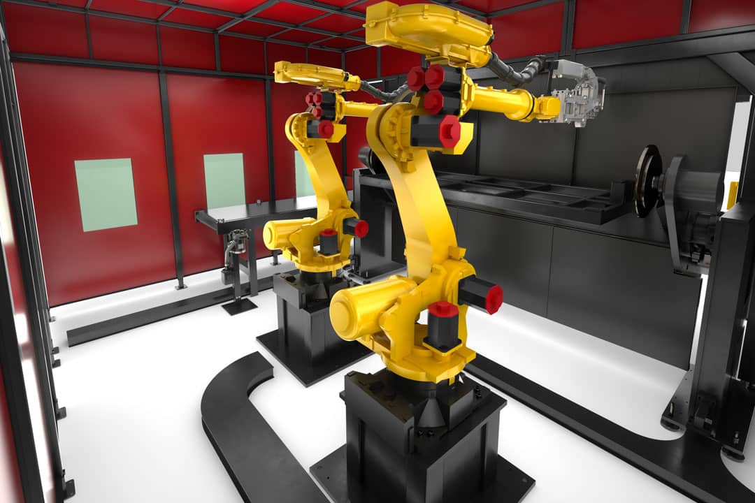 A rendering of a standardized Lincoln Electric robotic welding cell