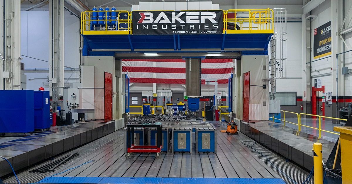 Machine shop floor with Baker Industries, a Lincoln Electric Company, banner