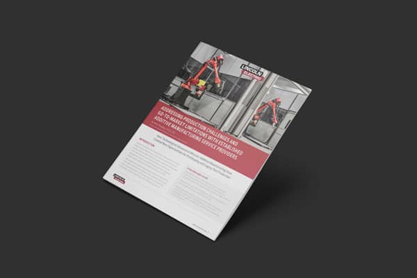 A mockup of the Lincoln Electric whitepaper, Addressing Production Challenges and Go-to-Market Limitations with Established Additive Manufacturing Service Providers