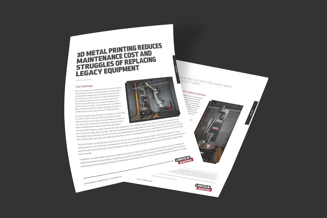 A mockup of the case study "3D Metal Printing Reduces Maintenance Cost and Struggles of Replacing Legacy Equipment" by Lincoln Electric Additive Solutions